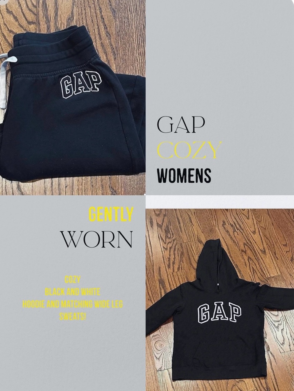 Women Gap Hooded SweatShirt Sz XS Wide leg Swears Drawstring Sz XS Black&White